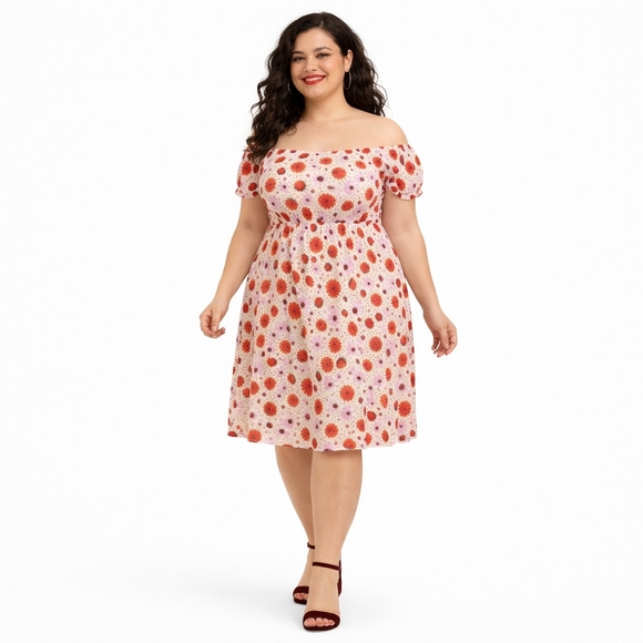 torrid Dresses & Skirts - Torrid Retro Chic 1X Floral Pink Gauze Puff Sleeve Off Shoulder Midi Dress Pocke